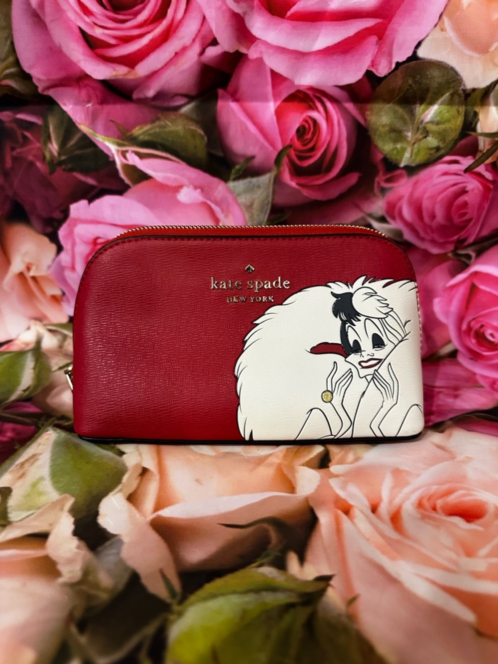 Disney X Kate Spade red Cruella print cosmetic pouch LIMITED EDITION